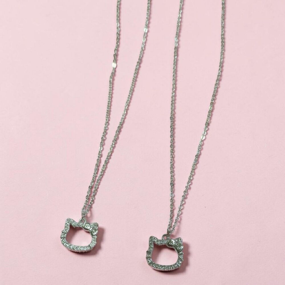 Silver Tone Rhinestone Cat Necklaces, Dainty Kitty Pendant Jewelry Set - Picture 2 of 5